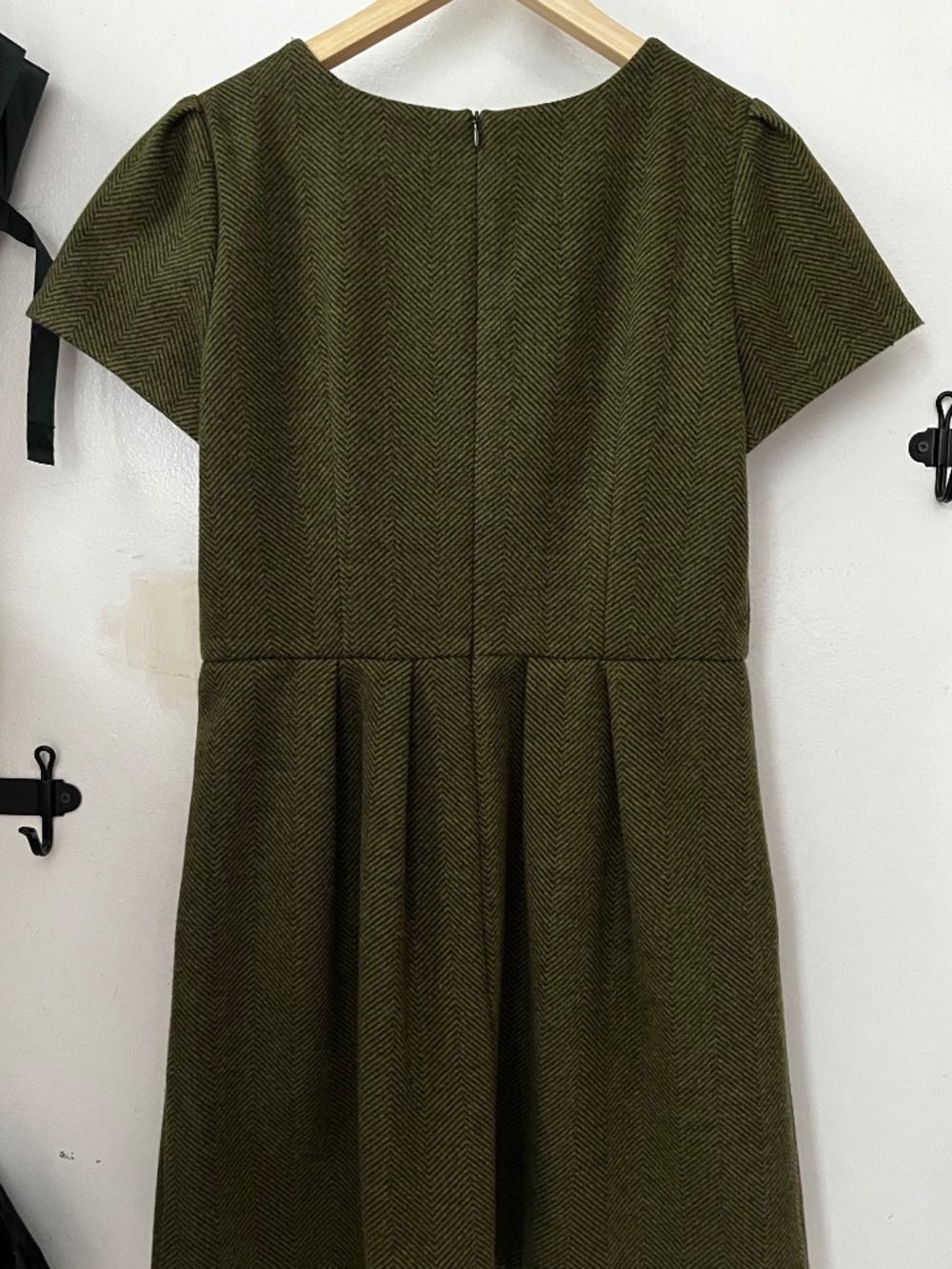 Olive Green Herringbone Short Sleeve Dress